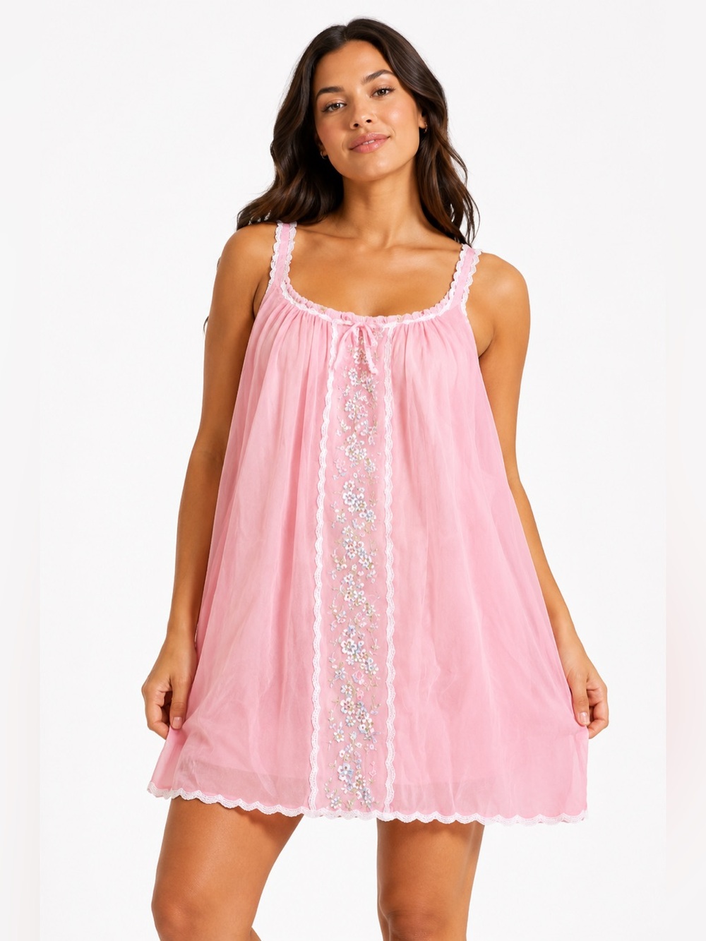 60s/70s European Vintage Tulle Embroidered Floral Lace Slip Dress Pink/Multi M/L